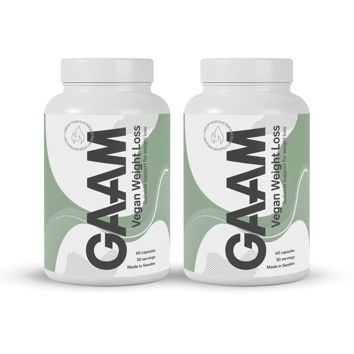 2 x GAAM Vegan Weight loss 60 caps i to hvite bokser med grønn og hvit etikett.