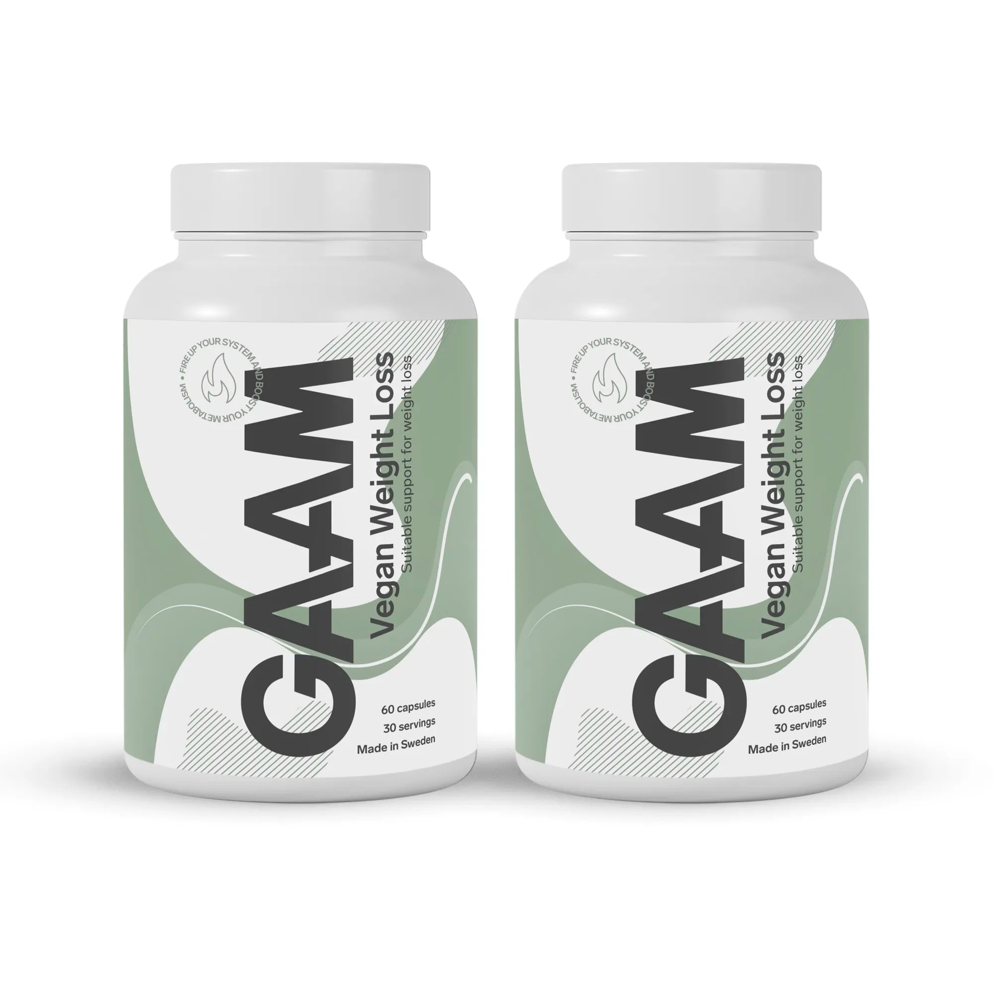 2 x GAAM Vegan Weight loss 60 caps i to hvite bokser med grønn og hvit etikett.
