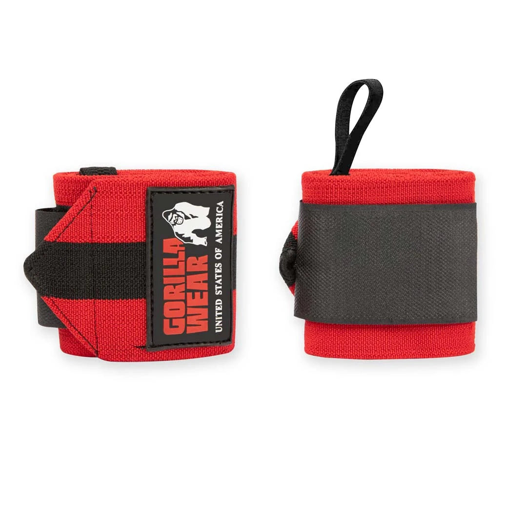 Gorilla Wear Wrist Wraps Ultra Black/Red, elastiske håndleddsbind i svart og rødt med tommelløkker for maksimal støtte.