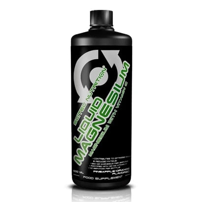 Scitec Nutrition Liquid Magnesium 1000 ml flytende magnesium i en svart flaske med grønn og hvit tekst.