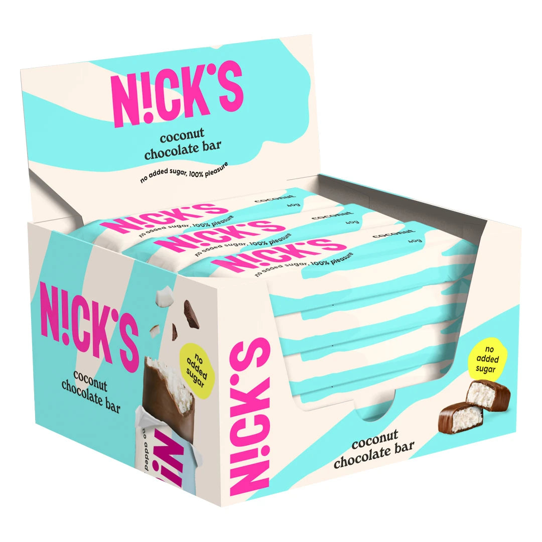 15 x Nicks Coconut 40 g i en lyseblå og hvit displayeske fylt med matchende sjokoladebarer., bilde 1 av 1