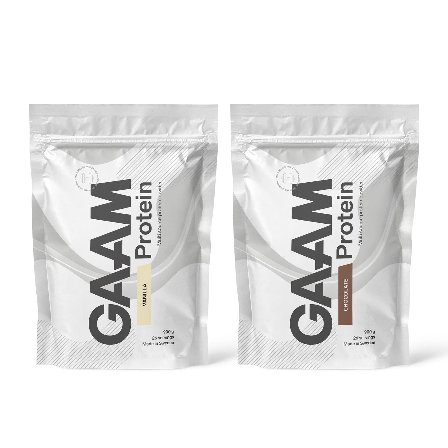 2 x GAAM Protein 900 g proteinpulver i to hvite poser for smakene Vanilla og Chocolate.