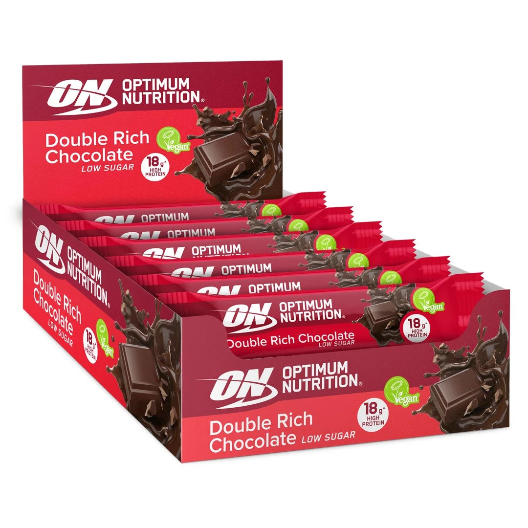 12 x Optimum Nutrition Vegan Protein Bar 60 g mikseske i en rød eske med sjokoladedetaljer for smaken Double Rich Chocolate., bilde 1 av 1