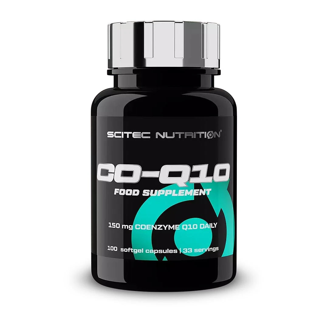 Scitec Nutrition CO-Q10 100 caps kosttilskudd i en svart boks med turkise detaljer og sølvfarget lokk.