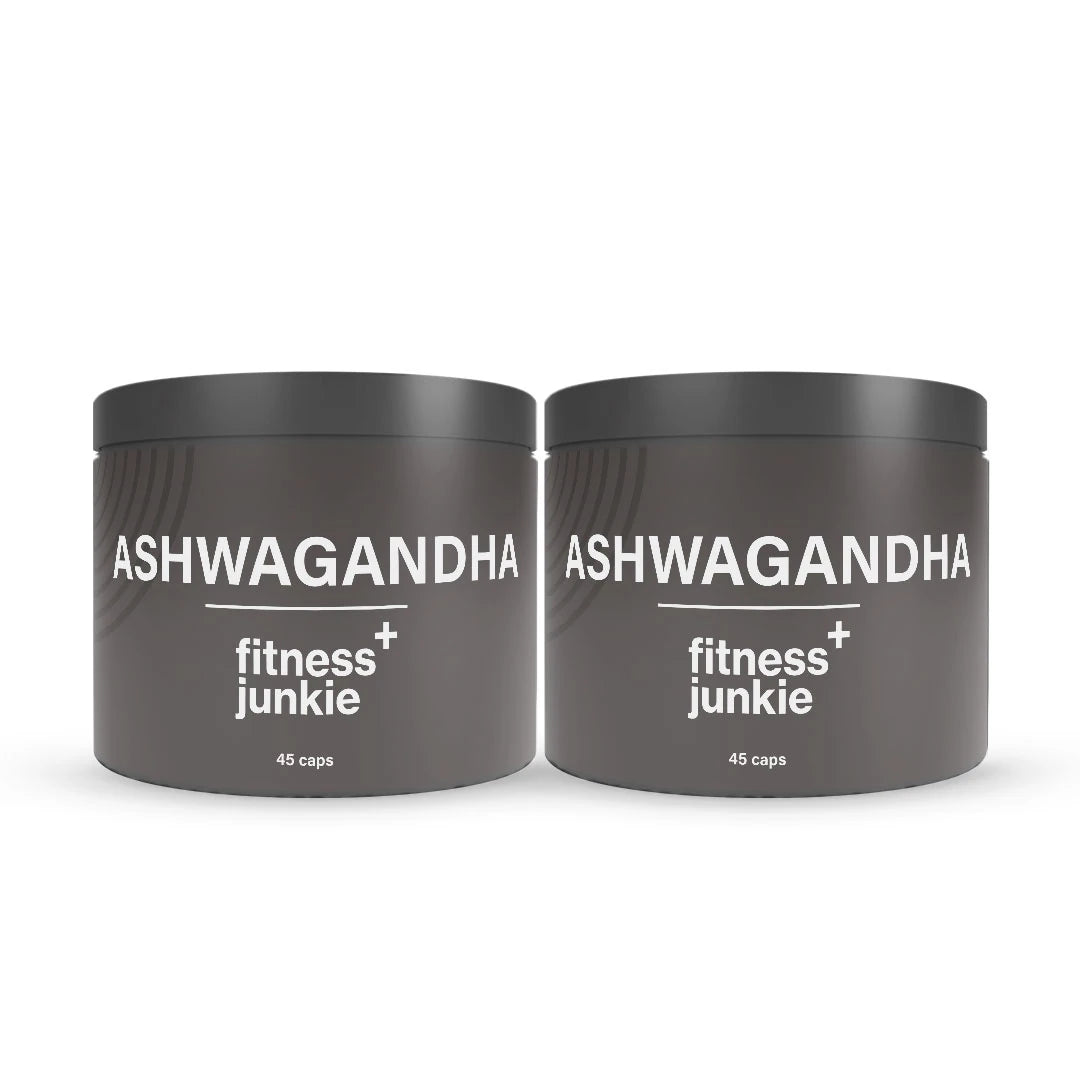 2 x fitnessjunkie Ashwagandha 45 caps kosttilskudd i to mørkegrå bokser med hvit tekst.
