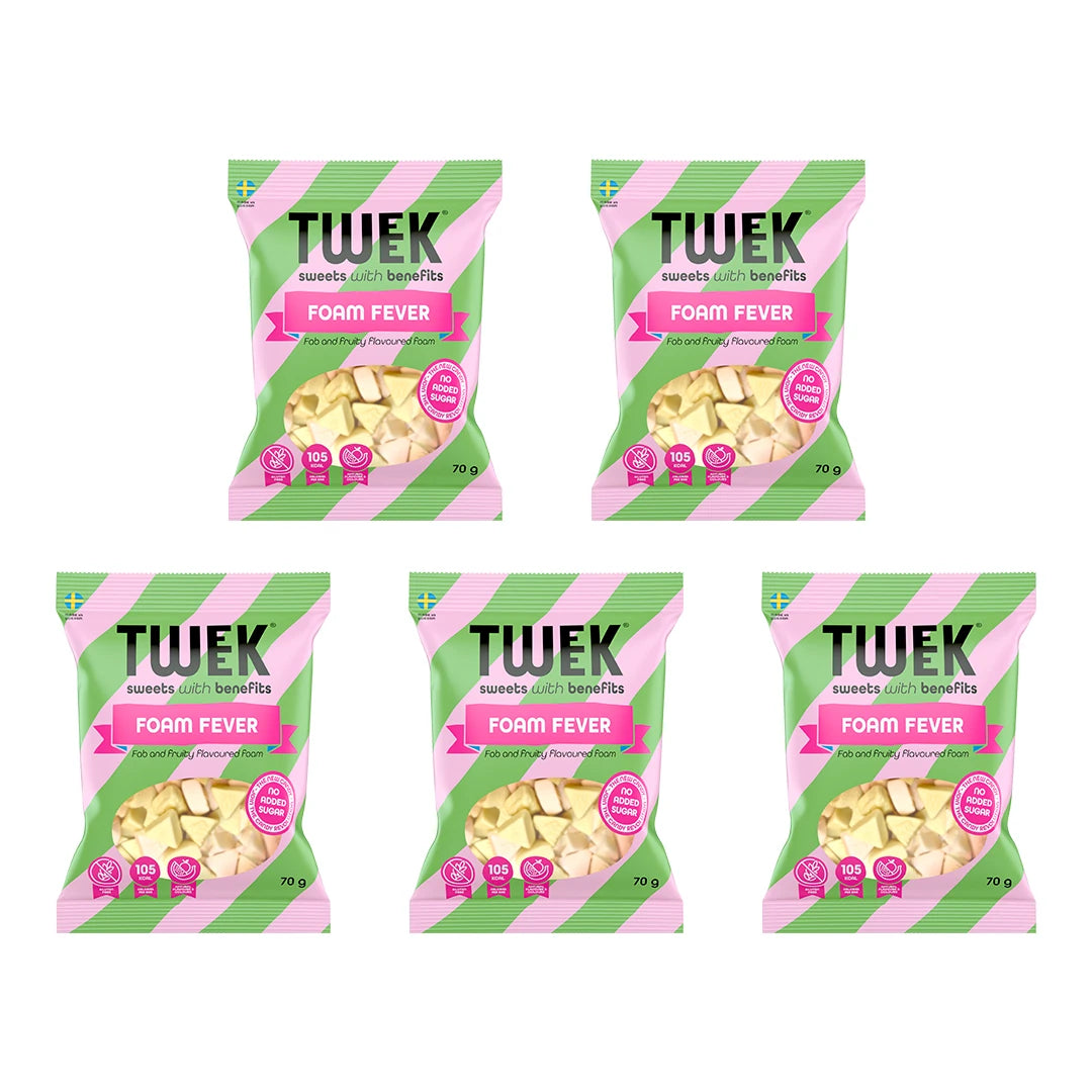 5 x Tweek Sweets 70 g Foam Fever godteriposer i grønt og rosa med gjennomsiktig vindu.