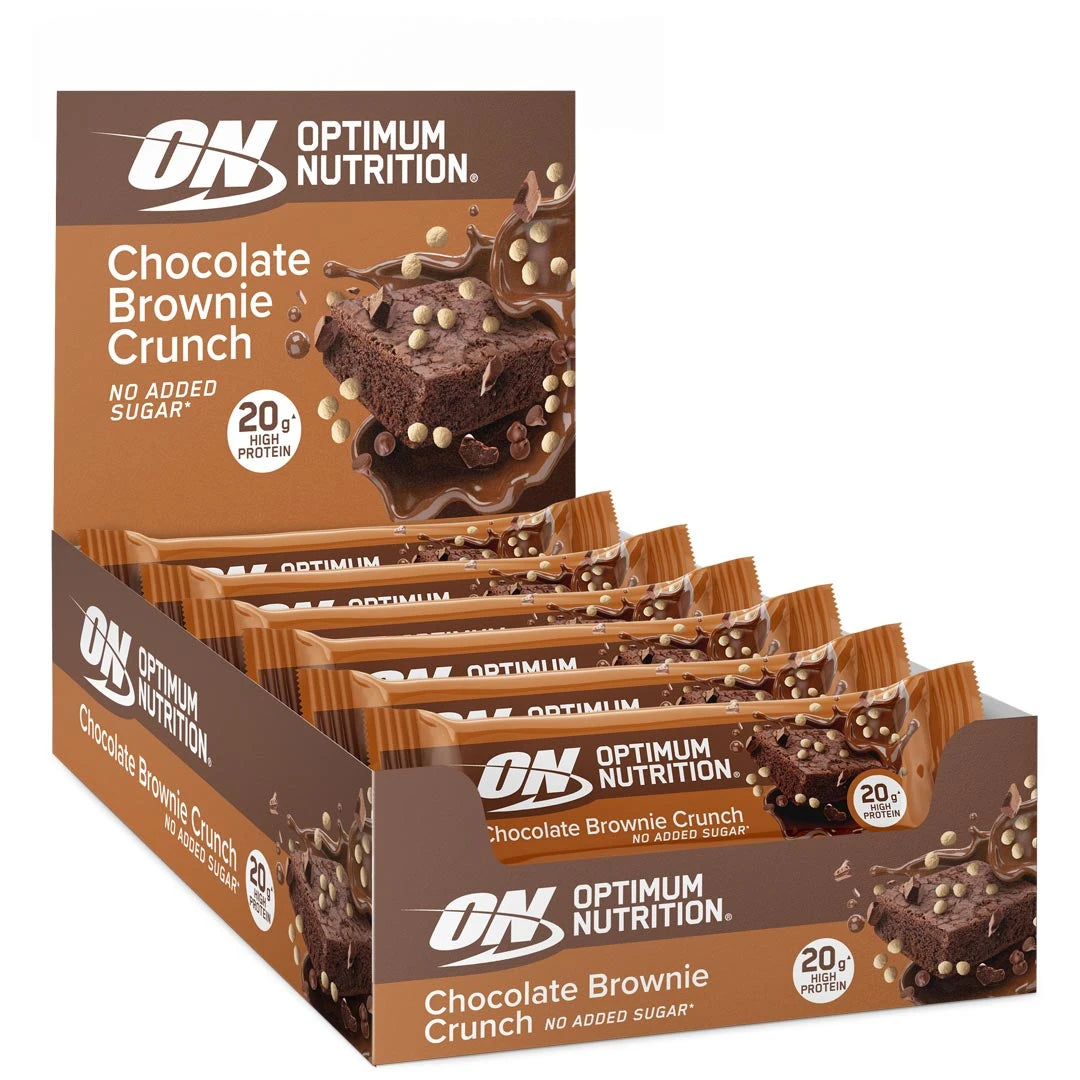 10 x Optimum Nutrition Protein Bar 65 g Chocolate Brownie Crunch i en brun kartong med matchende proteinbarer.