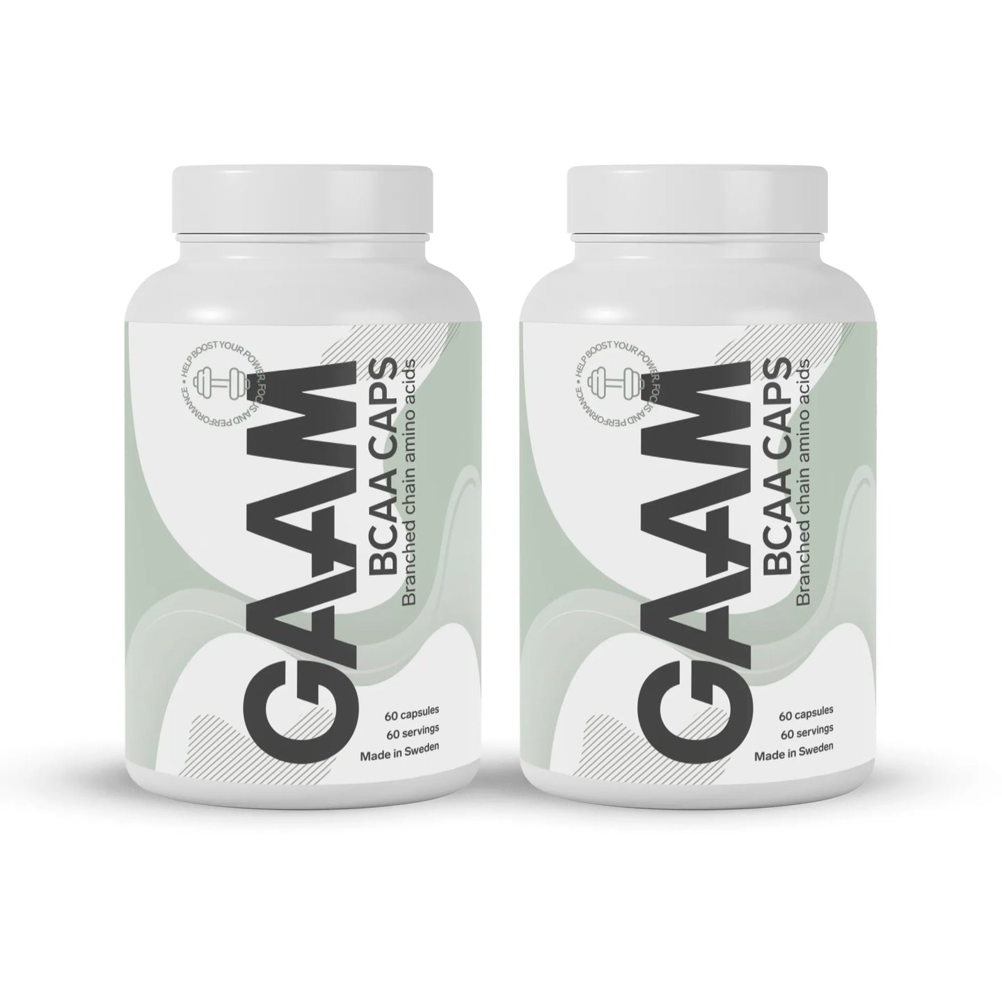2 x GAAM BCAA 60 caps i to hvite bokser med lysegrønt mønster og svart tekst på etikettene.