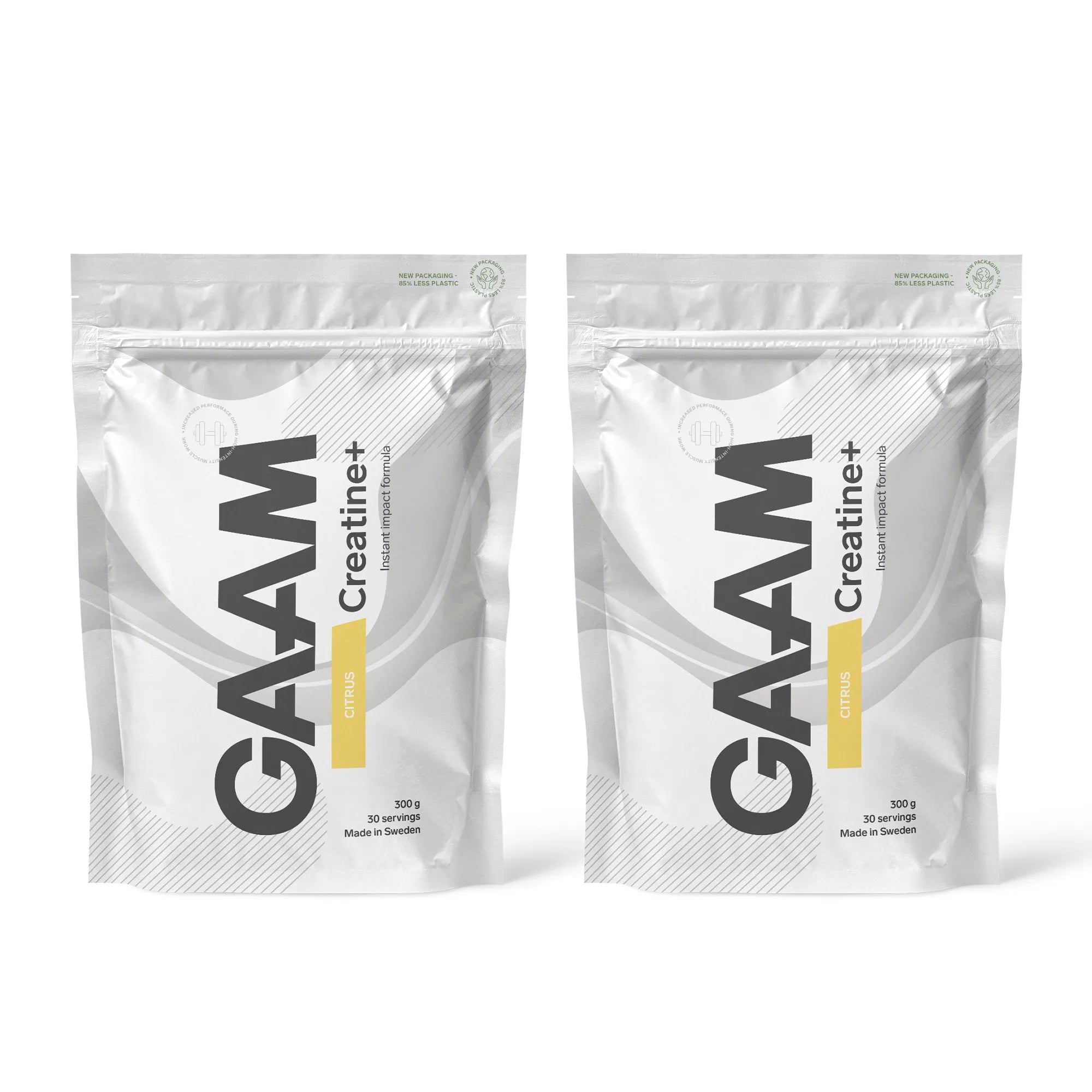 2 x GAAM Creatine+ 300 g i hvite poser med mørkegrå tekst og gule detaljer for smaken Citrus.