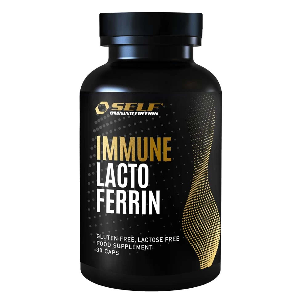 Self Omninutrition Immune Lactoferrin 30 caps kosttilskudd i en svart boks med hvit og gullfarget tekst.