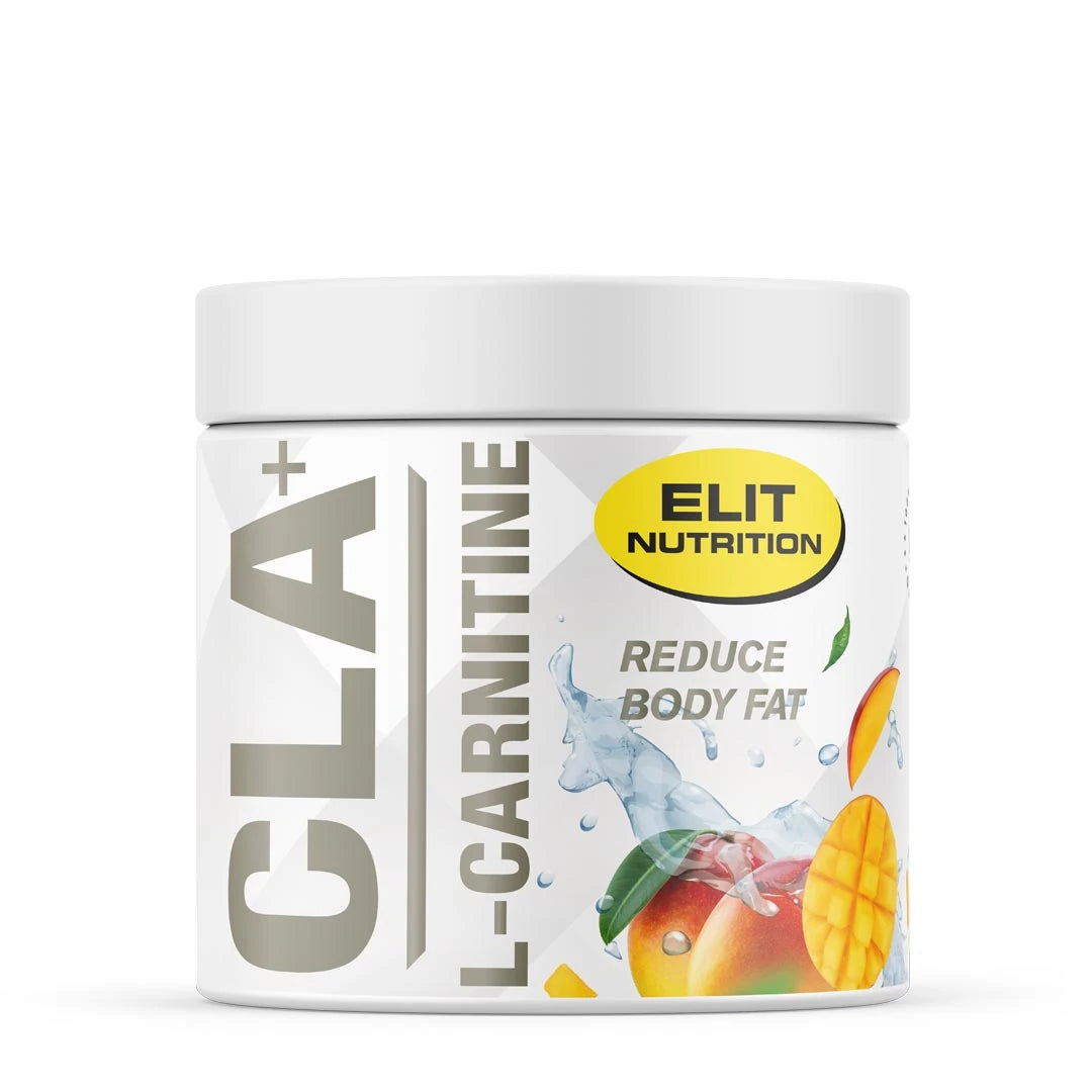 Hvit boks med Elit Nutrition CLA + L-Carnitine 180 g pulver i smaken Mango, illustrert med mangobiter.