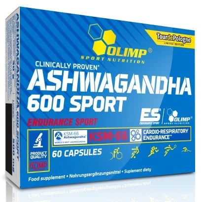 Olimp Ashwagandha 600 Sport Edition 60 caps i en stilren blå kartong med hvit og gul tekst.