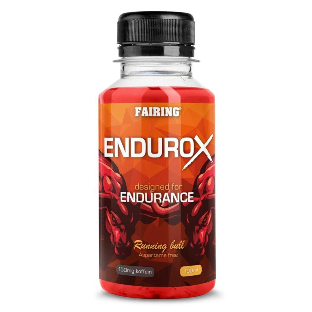 Fairing Endurox 60 ml drikkeklar PWO-shot i en liten plastflaske med rød, oransje og svart etikett.