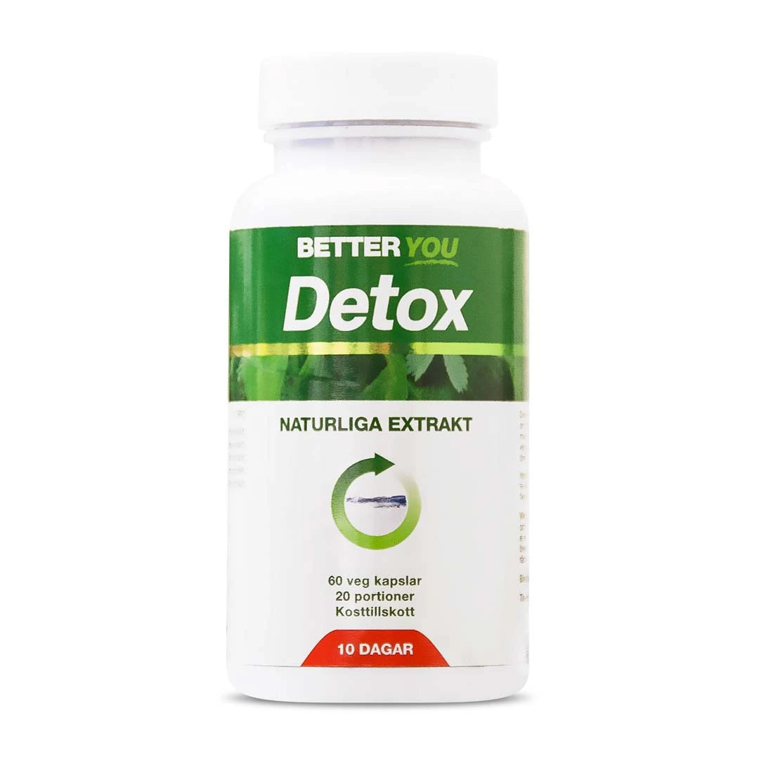 Better You Detox 60 caps i en hvit boks med grønn etikett og teksten naturlige ekstrakter for en 10-dagers rensekur.