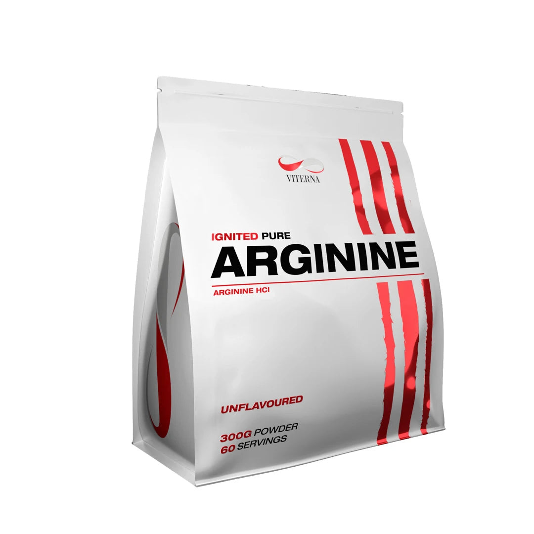 Viterna Arginine Powder 300 g i en hvit pose med røde detaljer og teksten unflavoured.