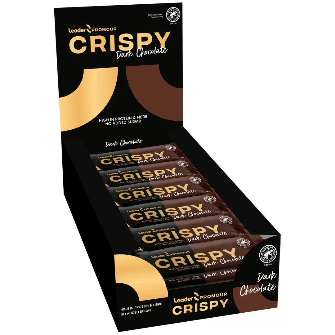 18 x Leader Promour Crispy MIX 45 g i en svart displayeske med gulldetaljer for smaken Dark Chocolate., bilde 1 av 1