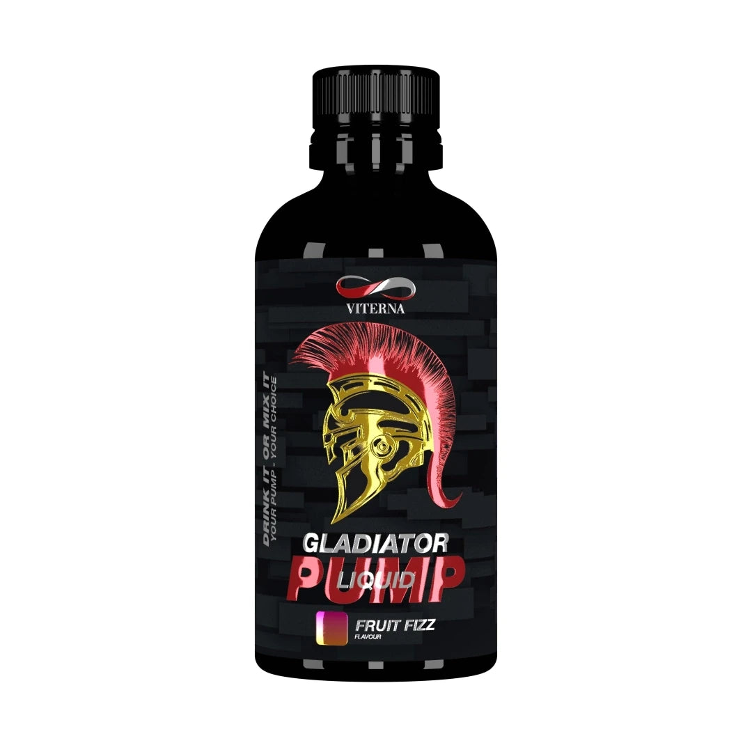 Viterna Gladiator Pump Liquid 500 ml i en svart flaske med en gullfarget gladiatorhjelm for smaken Fruit Fizz., bilde 2 av 2