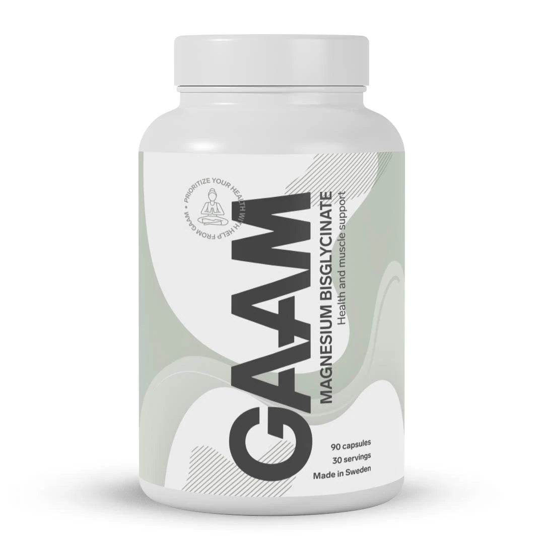 GAAM Magnesium Bisglycinate 90 caps i en hvit boks med lysegrønne og grå detaljer på etiketten.
