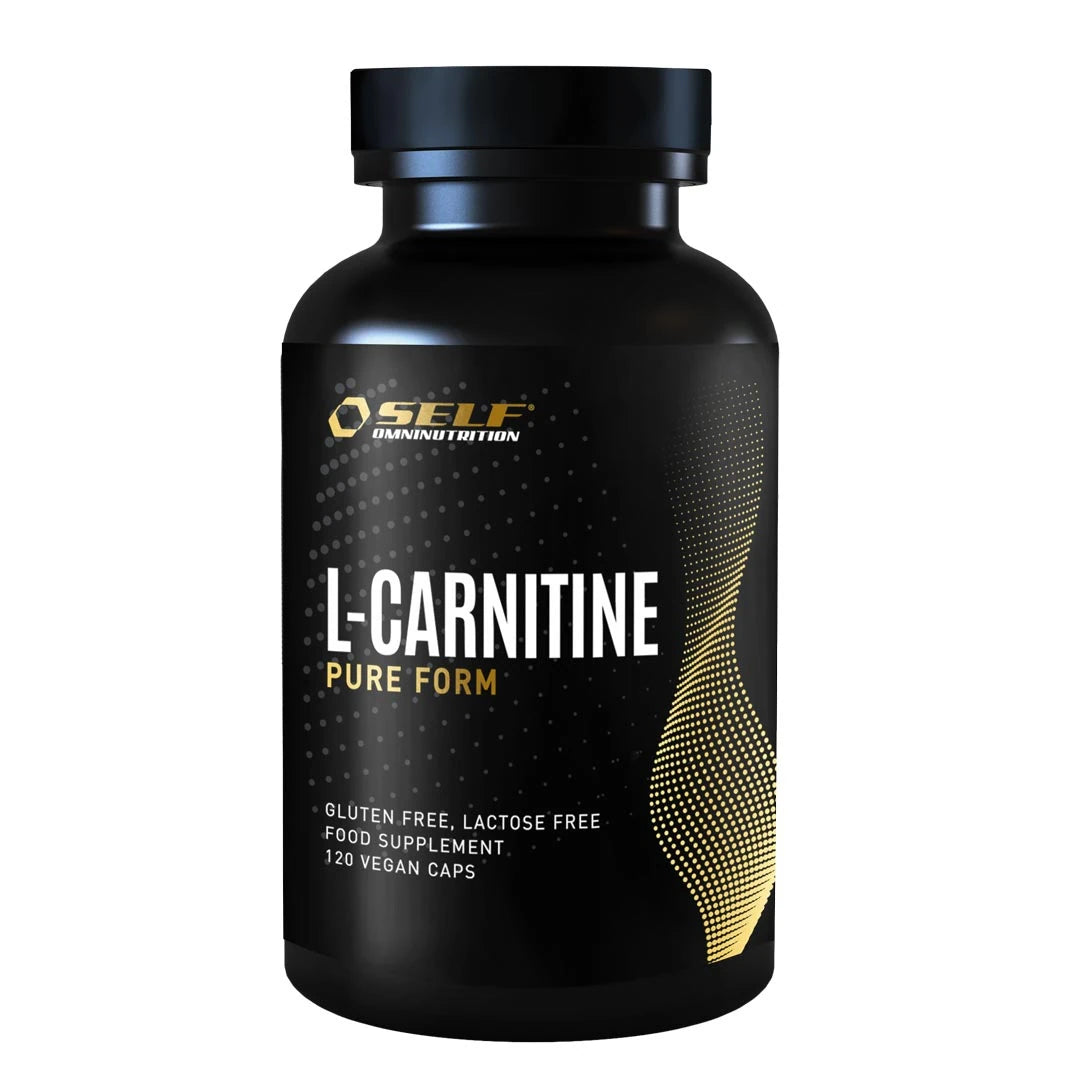 Self Omninutrition L-carnitine 120 caps fettforbrenner, pakket i en svart boks med gulldetaljer.
