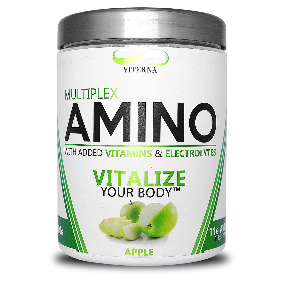 Viterna Multiplex Amino 400 g aminosyrer i en hvit boks med sølvlokk og grønne detaljer for smaken Apple., bilde 1 av 9