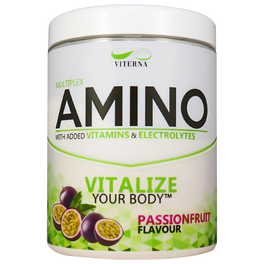 Viterna Multiplex Amino 400 g aminosyrer i en hvit boks med grønne detaljer og smaken pasjonsfrukt., bilde 3 av 9