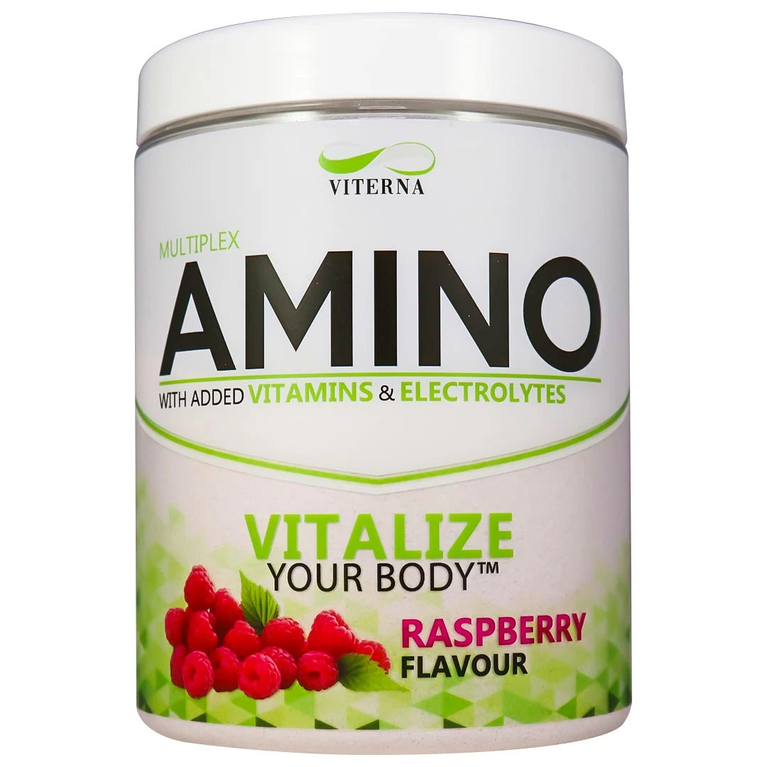 Viterna Multiplex Amino 400 g aminosyrer i en hvit boks med grønne detaljer og ferske bringebær for smaken Raspberry., bilde 4 av 9