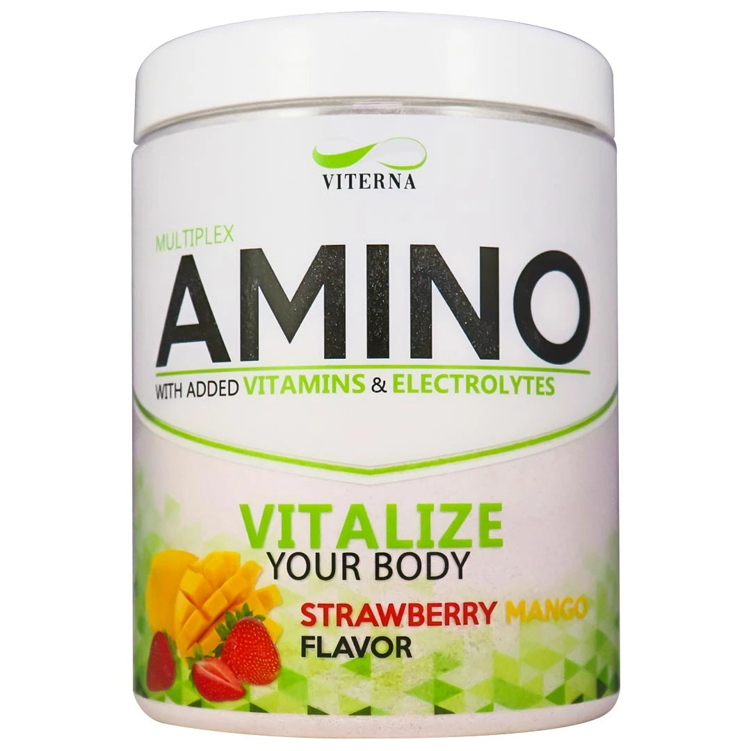 Viterna Multiplex Amino 400 g aminosyrer i en hvit boks med grønne detaljer og smaken Strawberry Mango., bilde 6 av 9