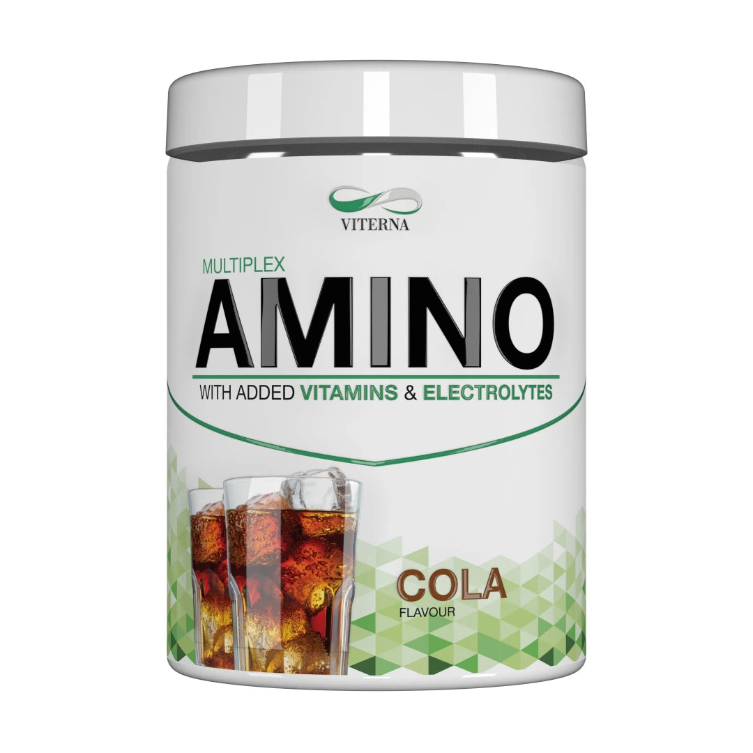 Viterna Multiplex Amino 400 g aminosyrer i pulverform, i en hvit boks med grønne detaljer for smaken Cola.