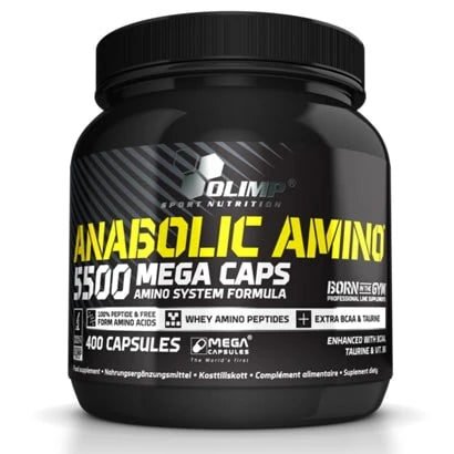 Olimp Anabolic Amino 5500 Mega caps 400 caps aminosyretilskudd pakket i en svart boks med gule og hvite detaljer.