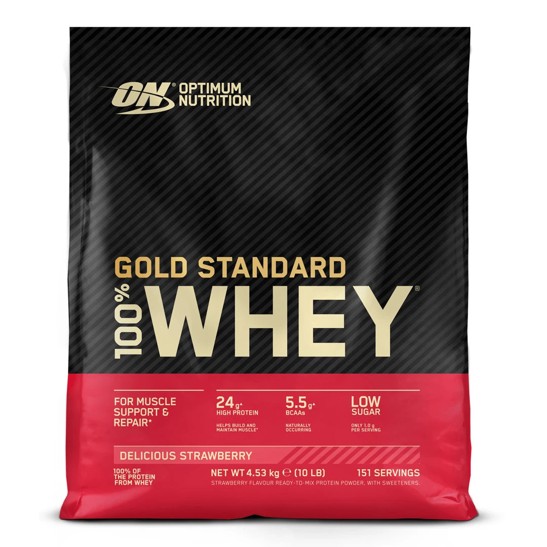 Optimum Nutrition 100% Whey Gold Standard 4.5 kg proteinpulver i en svart og rød pose med smaken Delicious Strawberry., bilde 2 av 3