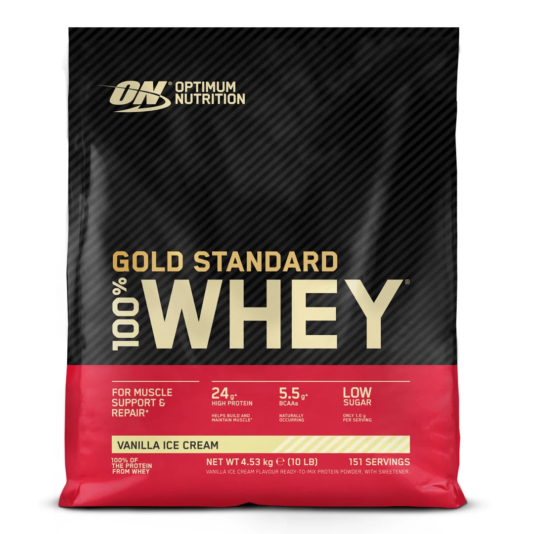Optimum Nutrition 100% Whey Gold Standard 4.5 kg proteinpulver i en svart og rød pose for smaken Vanilla Ice Cream., bilde 3 av 3