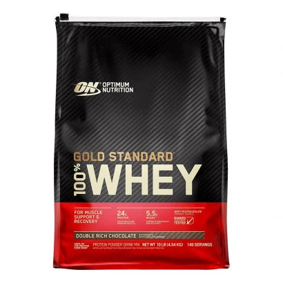 Optimum Nutrition 100% Whey Gold Standard 4.5 kg proteinpulver i en svart og rød pose med smaken Double Rich Chocolate.