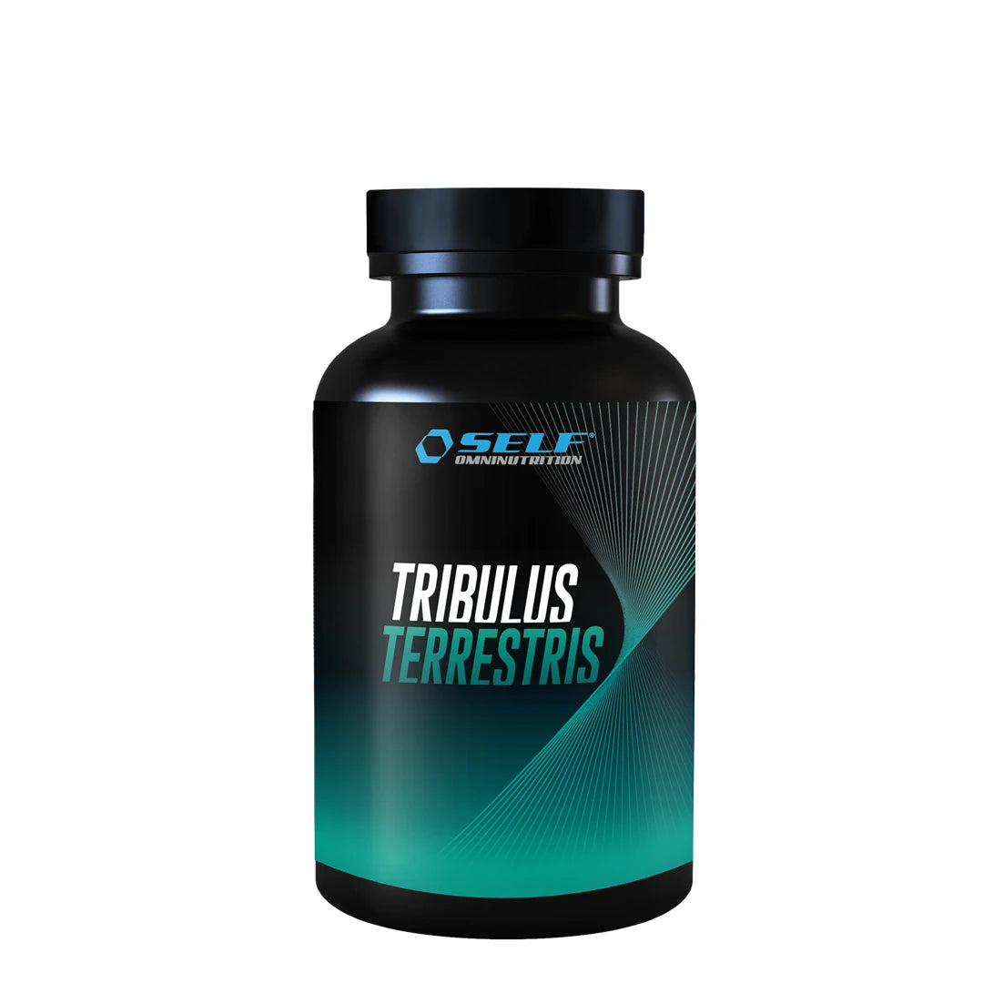 Self Omninutrition Tribulus Terrestris 100 tabs kosttilskudd i en svart boks med turkise grafiske detaljer.