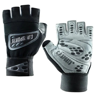 C.P. Sports Wrist Wrap Glove Black, svarte og grå treningshansker med håndleddsstøtte for tung styrketrening.