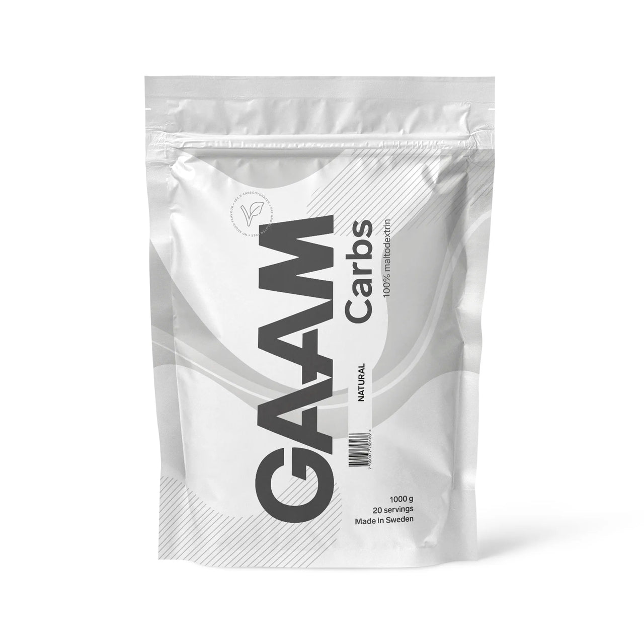 GAAM Carbs - 100% Maltodextrin 1 kg energitilskudd pakket i en stilren hvit pose.