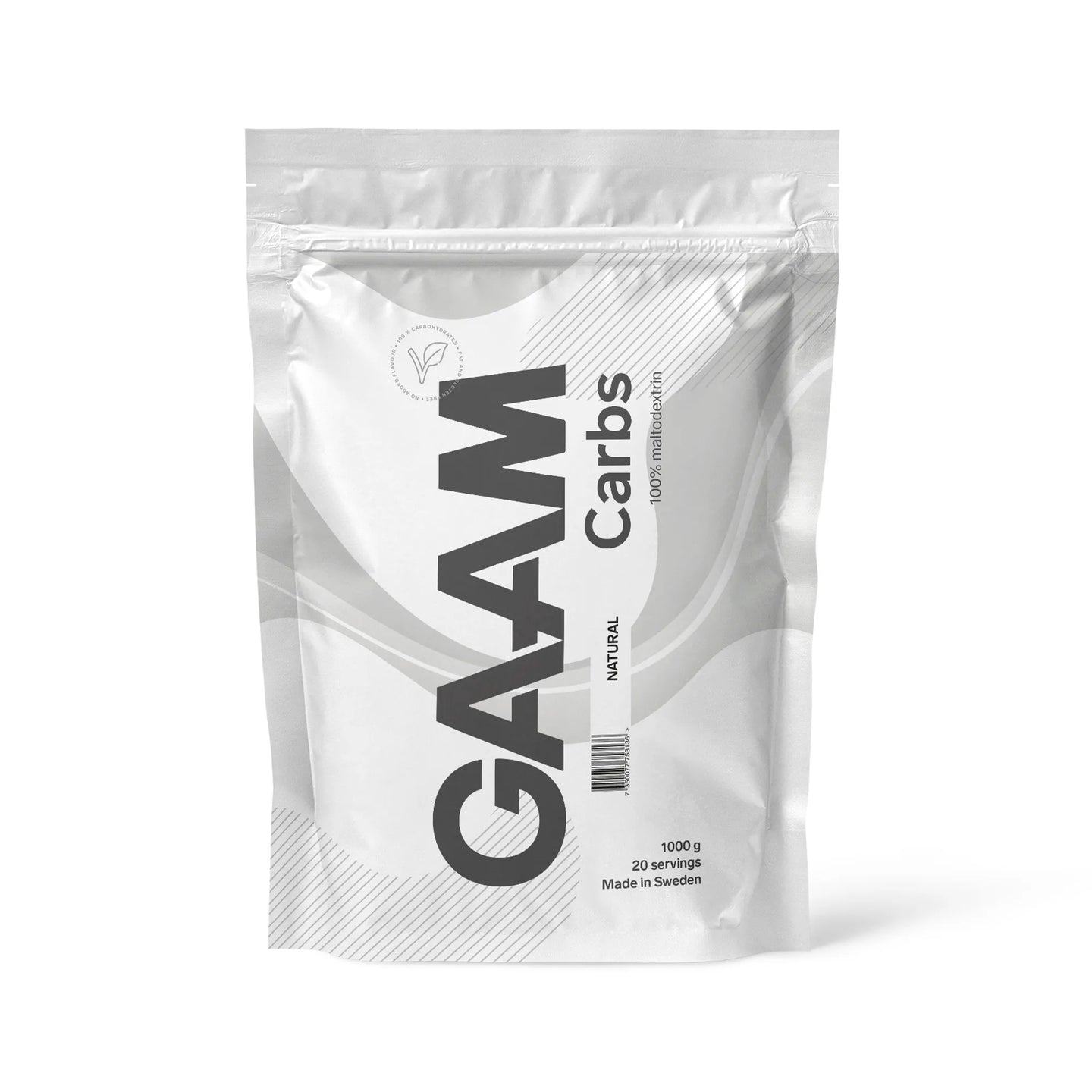 GAAM Carbs - 100% Maltodextrin 1 kg energitilskudd pakket i en stilren hvit pose.