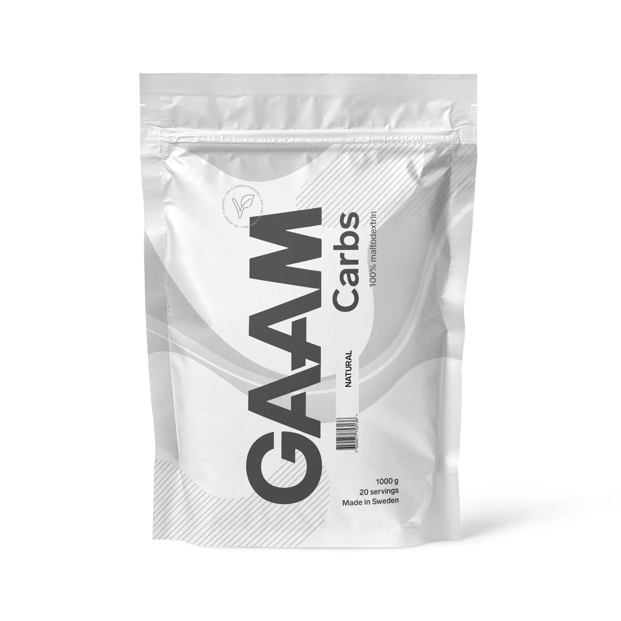 GAAM Carbs - 100% Maltodextrin 1 kg energitilskudd pakket i en stilren hvit pose.