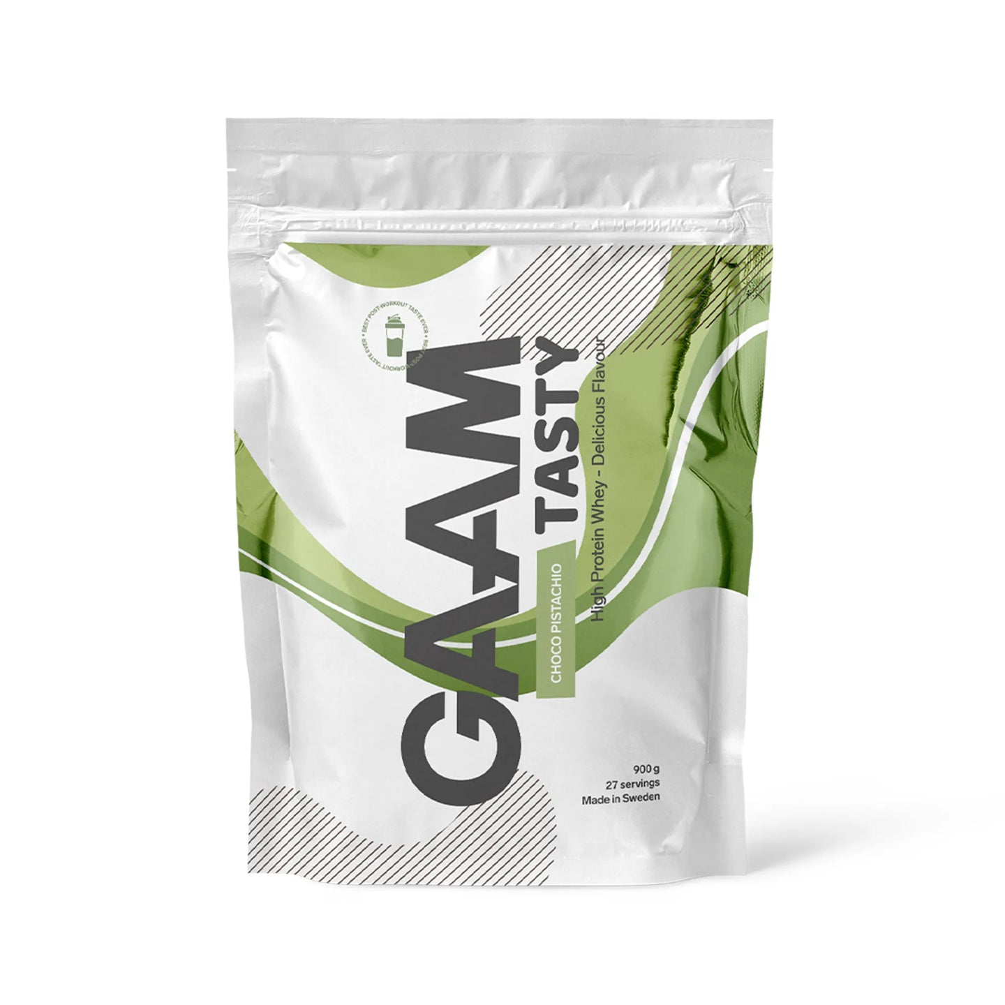 GAAM Tasty Whey 900 g proteinpulver i en hvit pose med grønne detaljer for smaken Choco Pistachio.