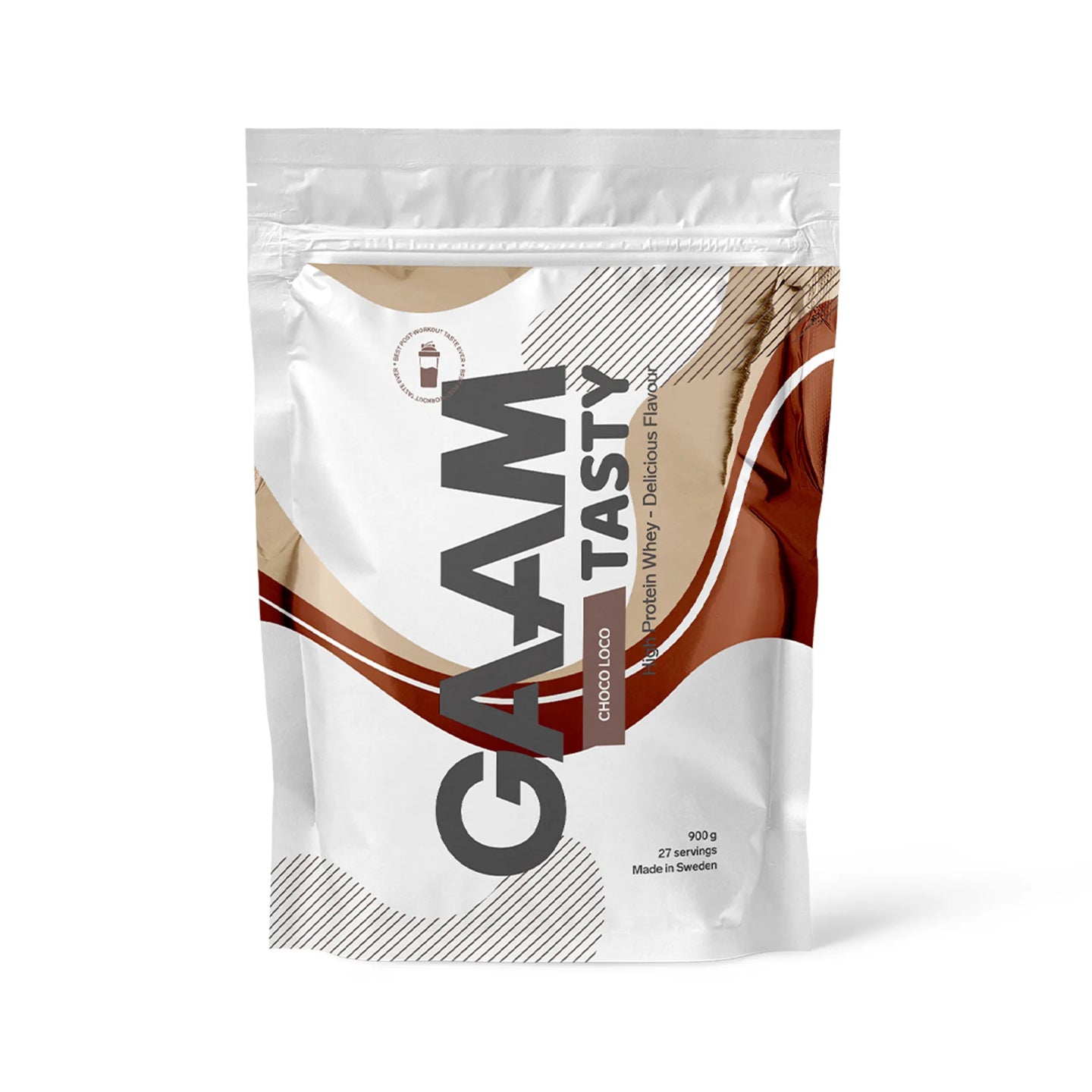 GAAM Tasty Whey 900 g proteinpulver i en hvit pose med brune detaljer for smaken Choco Loco.