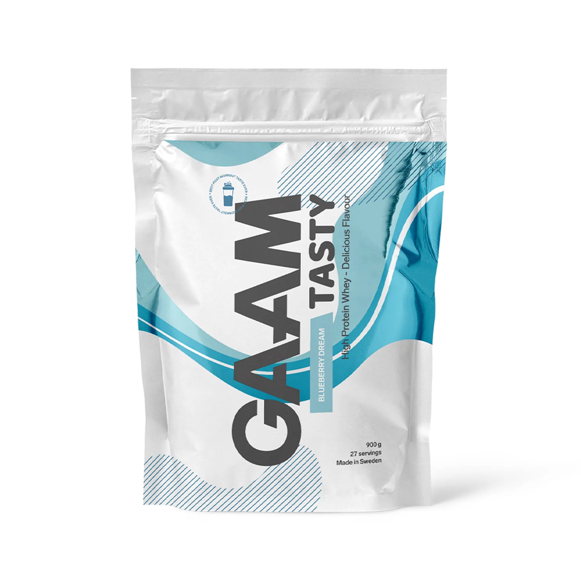 GAAM Tasty Whey 900 g proteinpulver i en hvit pose med blå detaljer for smaken Blueberry Dream.