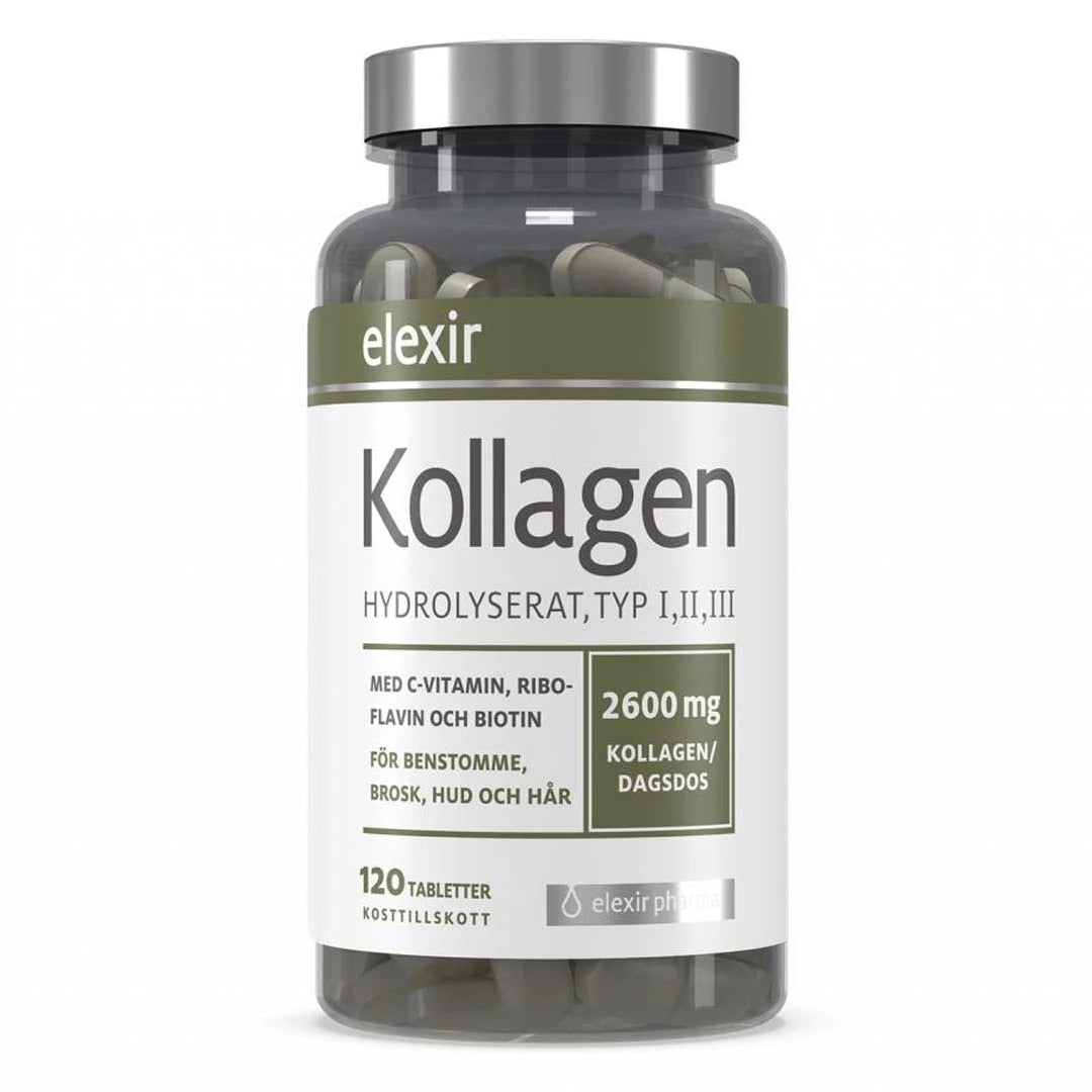 Elexir Pharma Kollagen Hydrolyserat 120 tabs pakket i en mørk, gjennomsiktig boks med hvit etikett og sølvlokk.