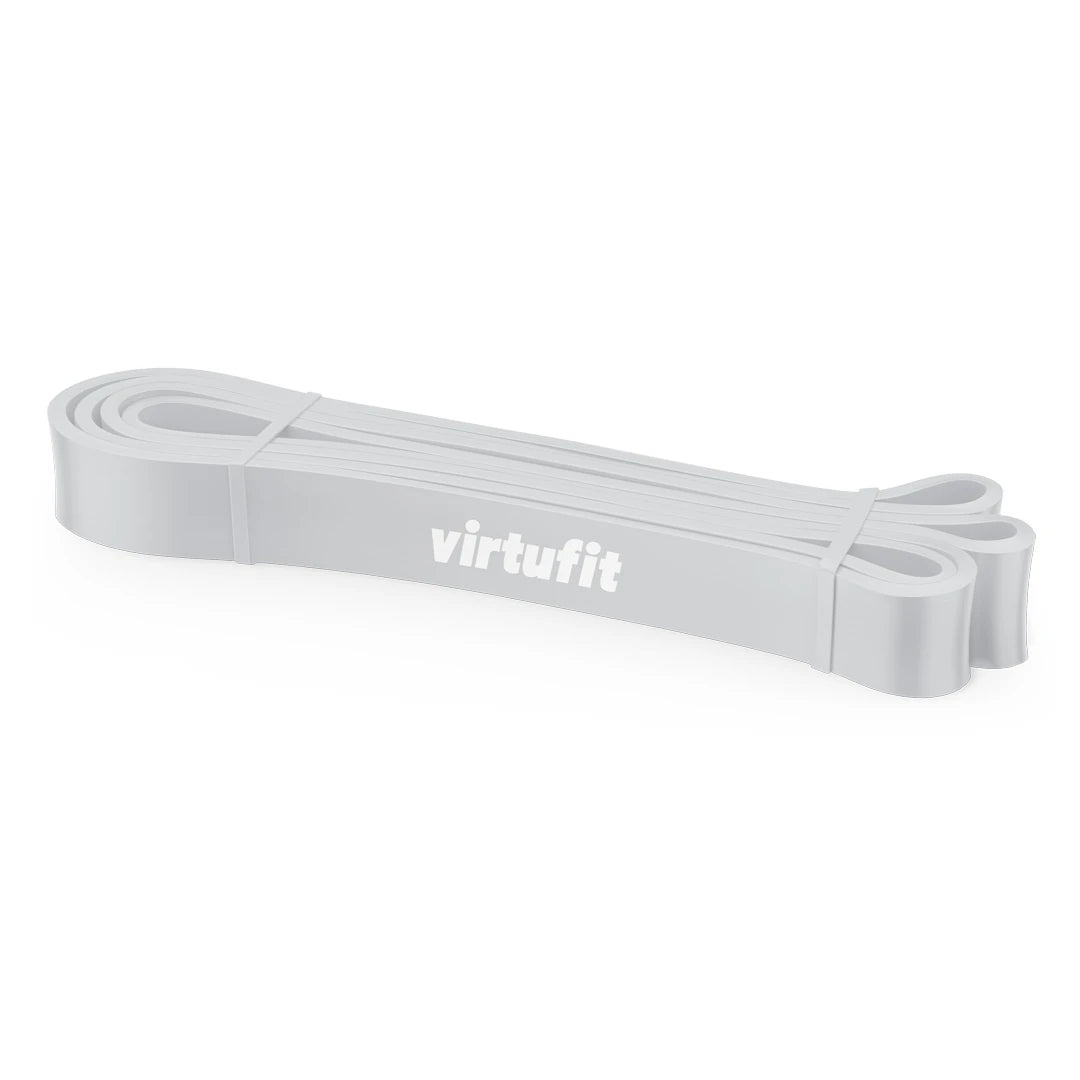 Lysegrått treningsbånd med hvit logo av modellen Virtufit Power Band Extra Light for oppvarming og styrketrening.