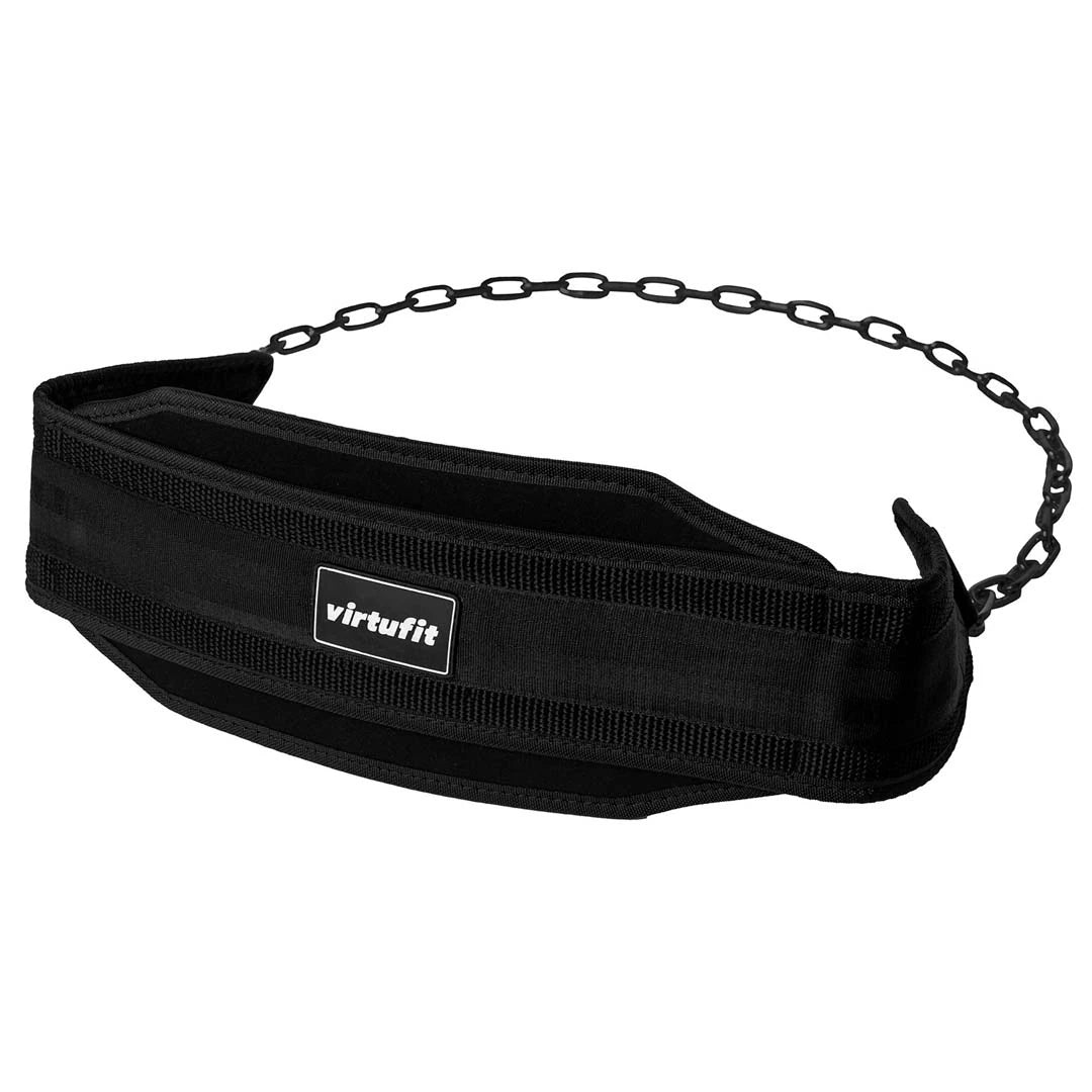 Virtufit Nylon Dip Belt Black, et svart dipsbelte i slitesterk nylon med robust stålkjede for vektbeltetrening.
