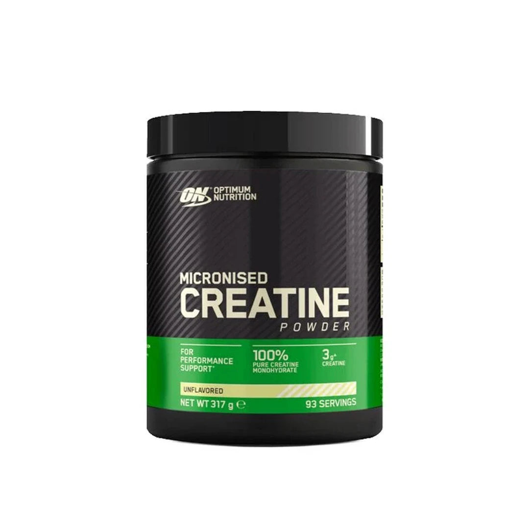 Optimum Nutrition Creatine Powder 317 g i en svart boks med grønn etikett og teksten Micronised Creatine.