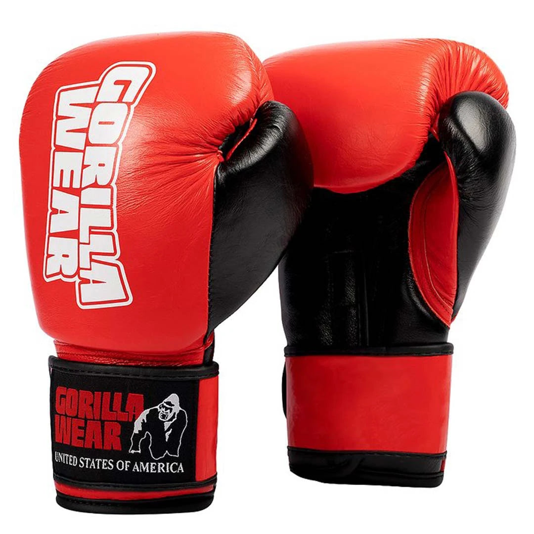 Gorilla Wear Ashton Pro Boxing Gloves, profesjonelle boksehansker i rødt og svart premiumskinn.