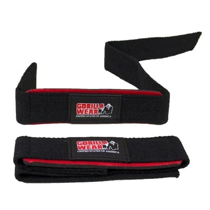 Gorilla Wear Padded Lifting Straps, svarte drareimer i bomull og neopren med rød vattering og hvit logo.