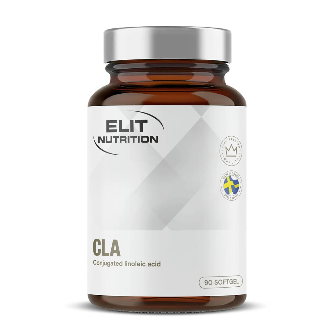 Elit Nutrition CLA 90 caps kosttilskudd i en brun boks med hvit etikett og sølvfarget lokk.