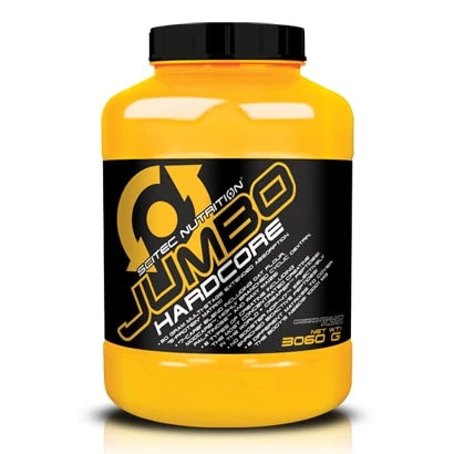 Scitec Nutrition Jumbo Hardcore 3060 g gainer i en gul plastboks med svart lokk og etikett.