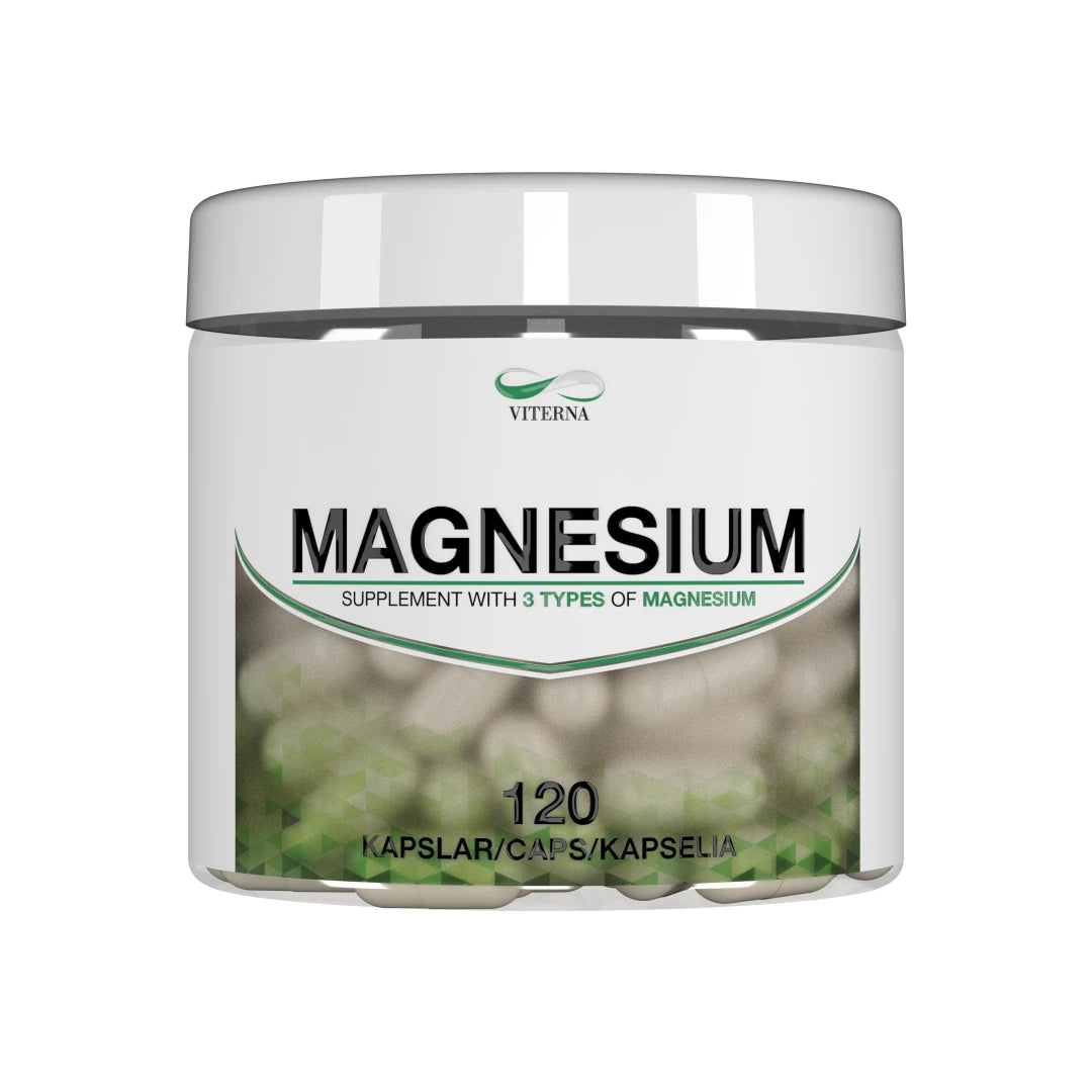 Viterna Magnesium 120 caps i en hvit plastboks med stilrene grønne detaljer.
