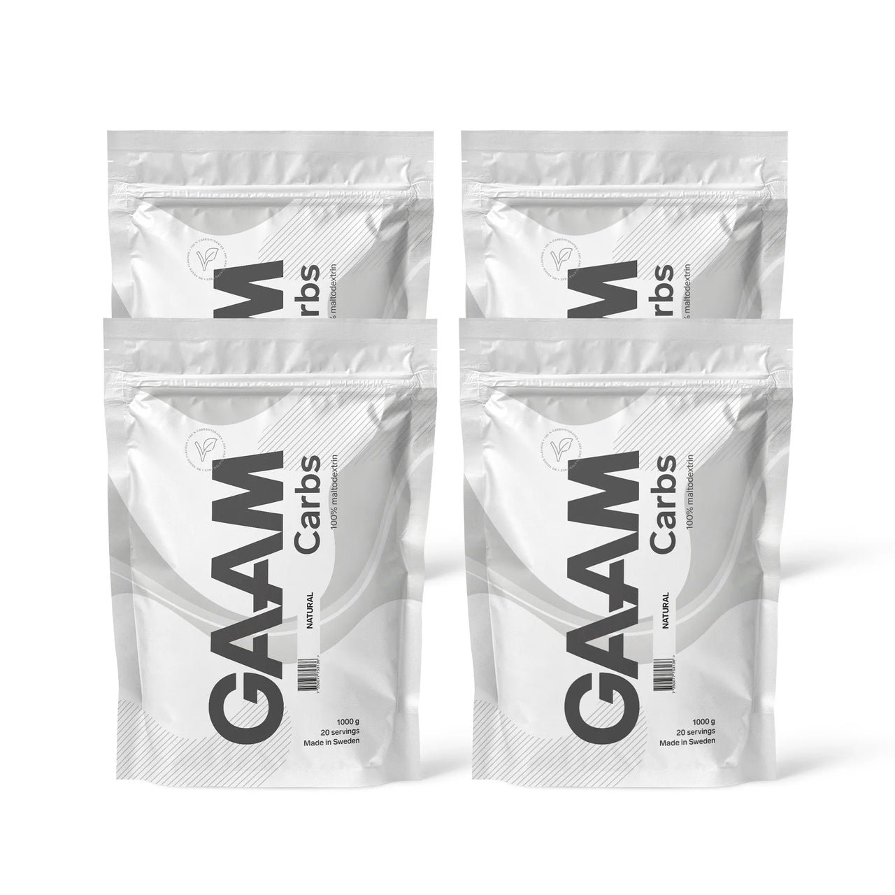 4 x GAAM Carbs - 100% Maltodextrin 1 kg i hvite poser med svarte detaljer for smaken Naturell.